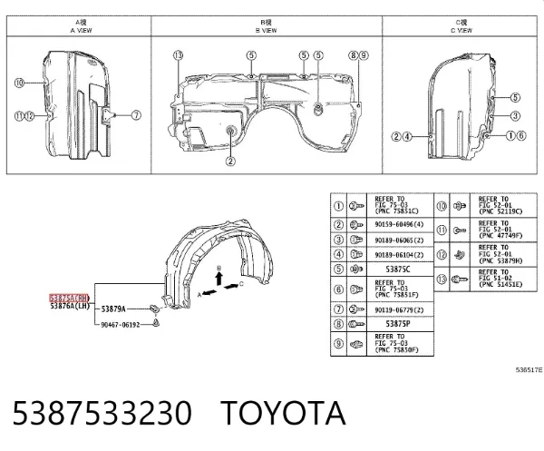 Nadkole błotnika przedniego prawe 5387533230 Toyota