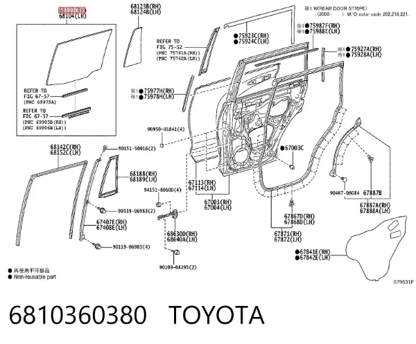 Szyba drzwi prawych tylnych 6810360380 Toyota