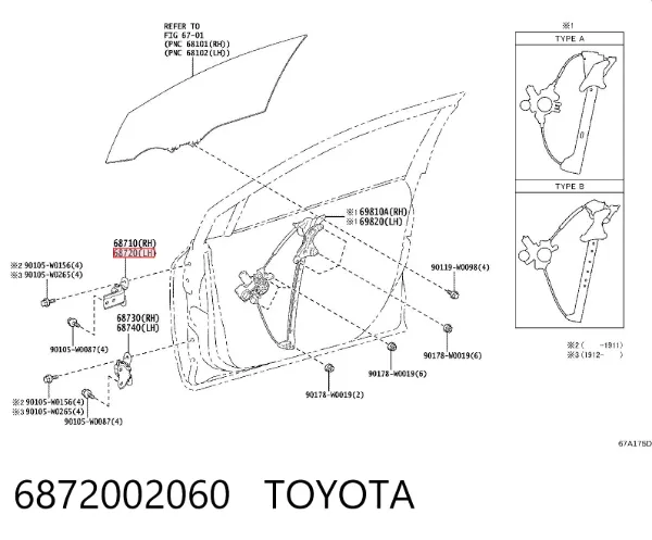 Zawias drzwi przednich lewych 6872002060 Toyota