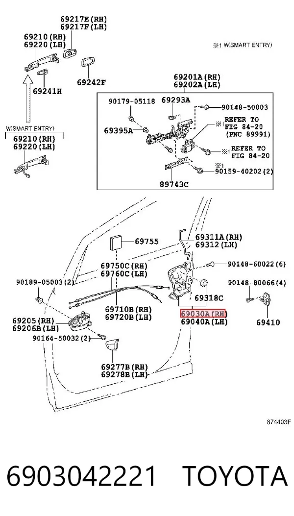 Zamek drzwi przednich prawych 6903042221 Toyota