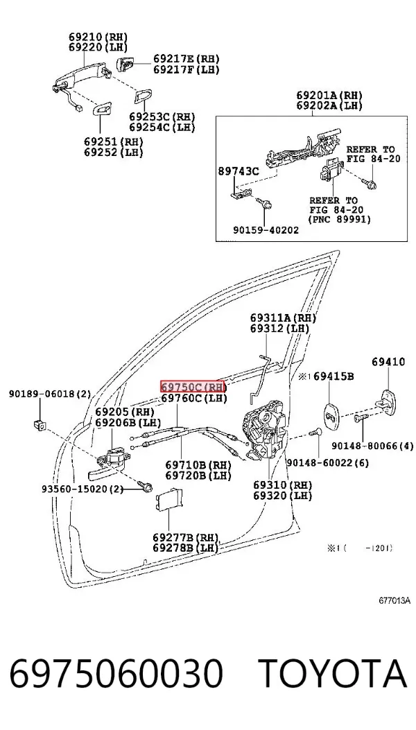 Linka (cięgno) otwierania zamka drzwi przednich 6975060030 Toyota