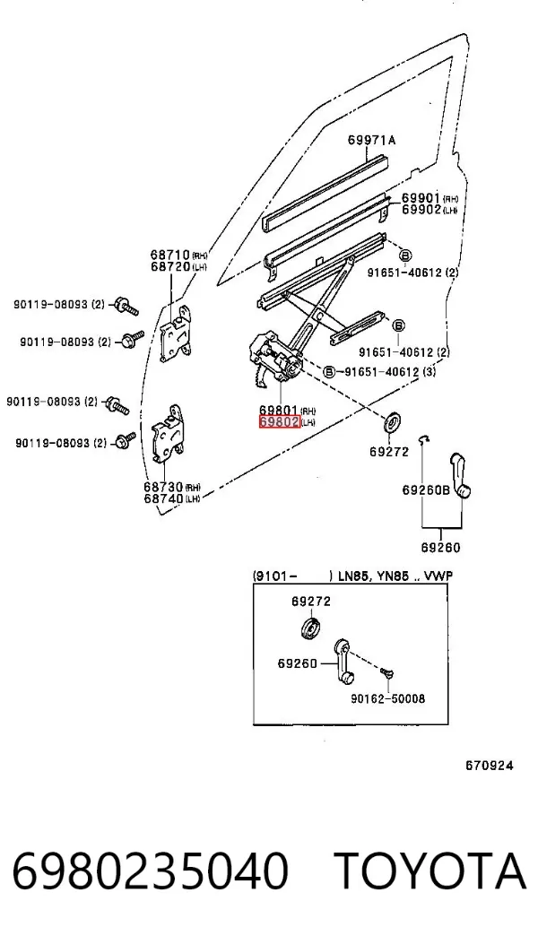 Mechanizm podnoszenia szyby drzwi przednich lewych Toyota Hilux N