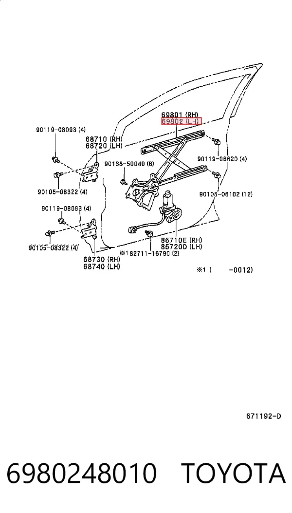 Mechanizm podnoszenia szyby drzwi przednich lewych 6980248010 Toyota