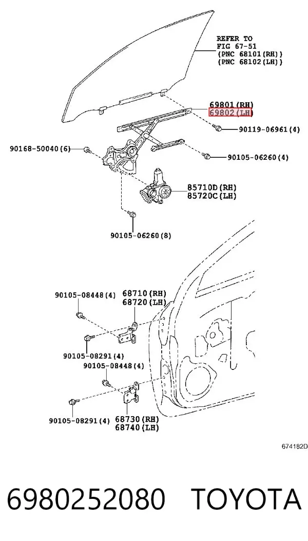 Mechanizm podnoszenia szyby drzwi przednich lewych 6980252080 Toyota