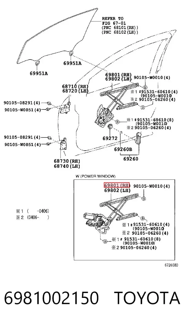 Mechanizm podnoszenia szyby drzwi przednich prawych 6981002150 Toyota