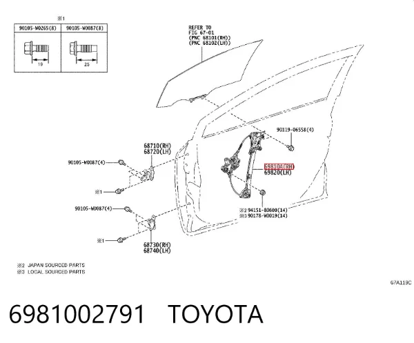 Mechanizm podnoszenia szyby drzwi przednich prawych 6981002791 Toyota