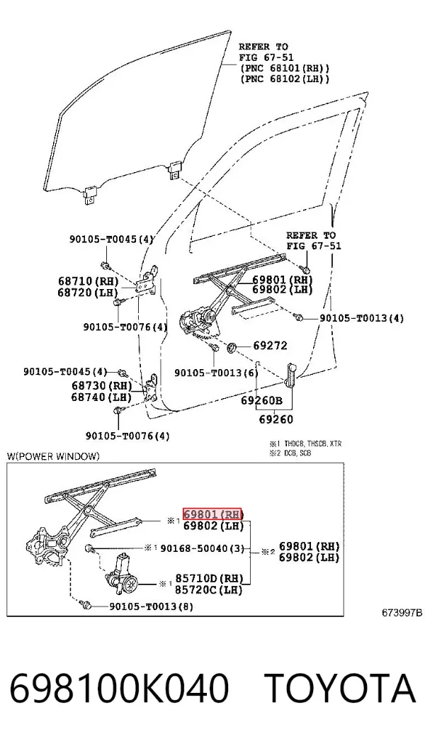 Mechanizm podnoszenia szyby drzwi przednich prawych 698100K040 Toyota