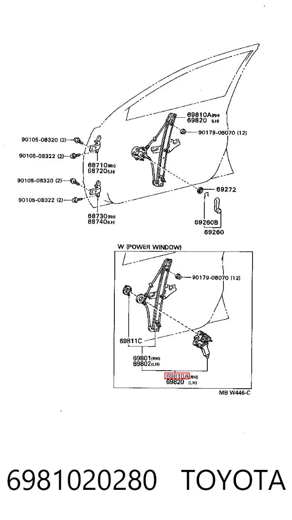Mechanizm podnoszenia szyby drzwi przednich prawych 6981020280 Toyota