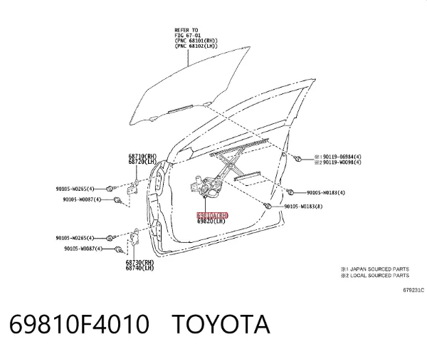 Mechanizm podnoszenia szyby drzwi przednich prawych Toyota C-HR X10