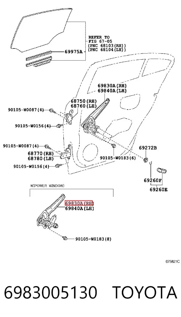 Mechanizm podnoszenia szyby drzwi tylnych prawych 6983005130 Toyota
