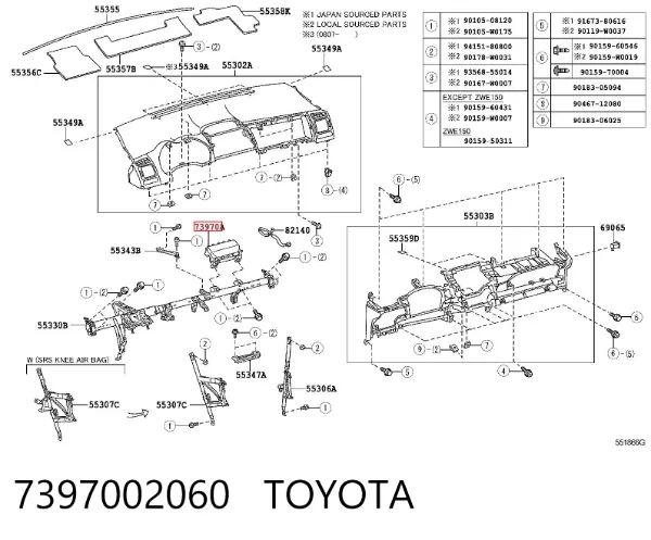 Poduszka powietrzna (Airbag) pasażera 7397002060 Toyota