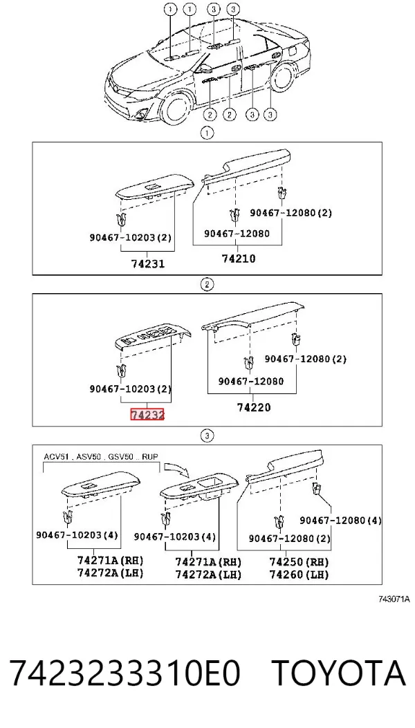 Panel (nakładka) modułu sterowania podnośnikiem szyby przedni lewy 7423233310E0 Toyota