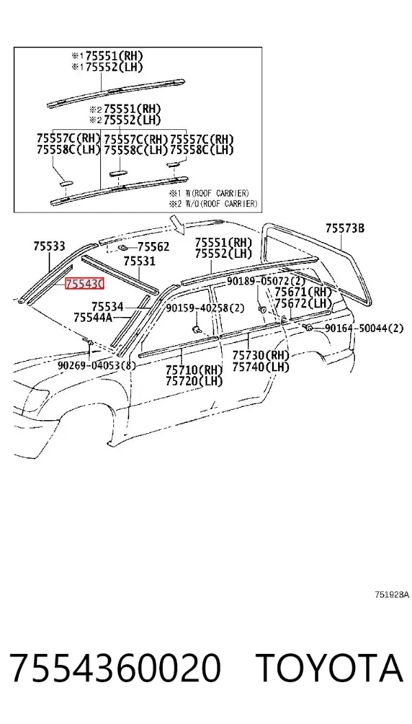 Listwa ochronna szyby przedniej lewa/prawa 7554360020 Toyota
