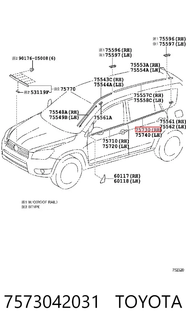 Listwa ochronna szyby drzwi tylnych prawych 7573042031 Toyota