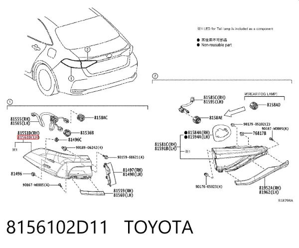 Lampa zespolona tylna lewa zewnętrzna 8156102D11 Toyota