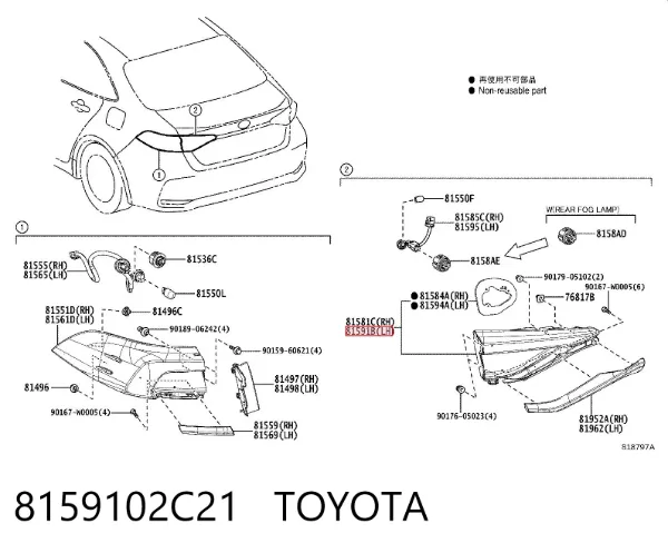 Lampa zespolona tylna lewa wewnętrzna 8159102C21 Toyota