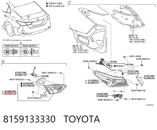 Lampa zespolona tylna lewa wewnętrzna 8159133330 Toyota