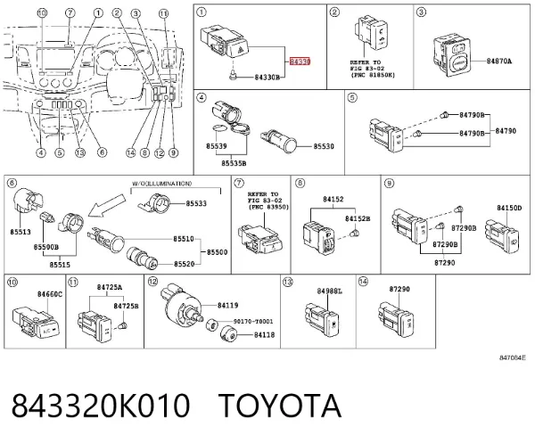 Przycisk włączania światła awaryjnego 843320K010 Toyota