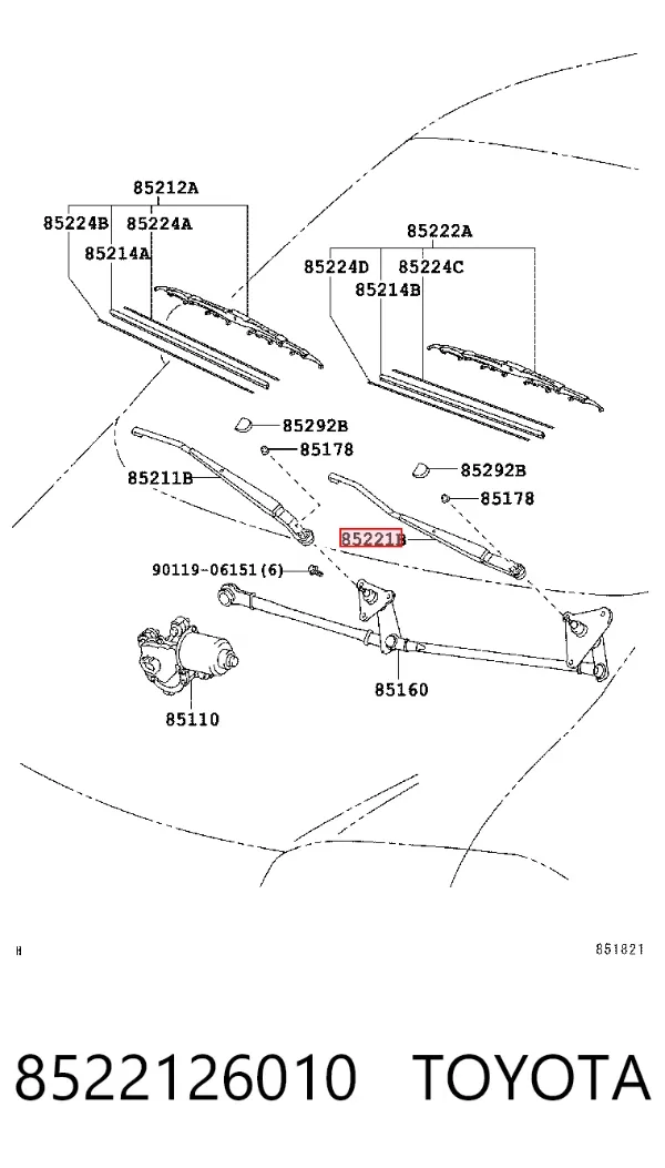 Ramię wycieraczki szyby przedniej 8522126010 Toyota