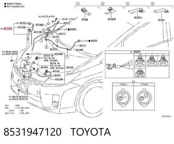 Wlew zbiornika spryskiwaczy 8531947120 Toyota