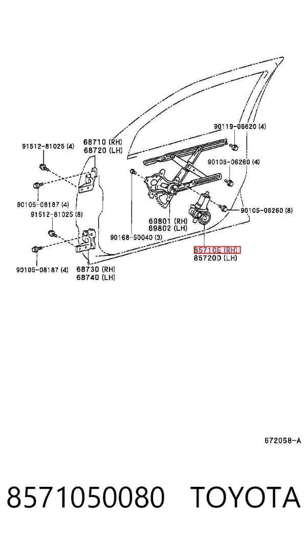 Silniczek podnośnika szyby drzwi przednich prawych 8571050080 Toyota