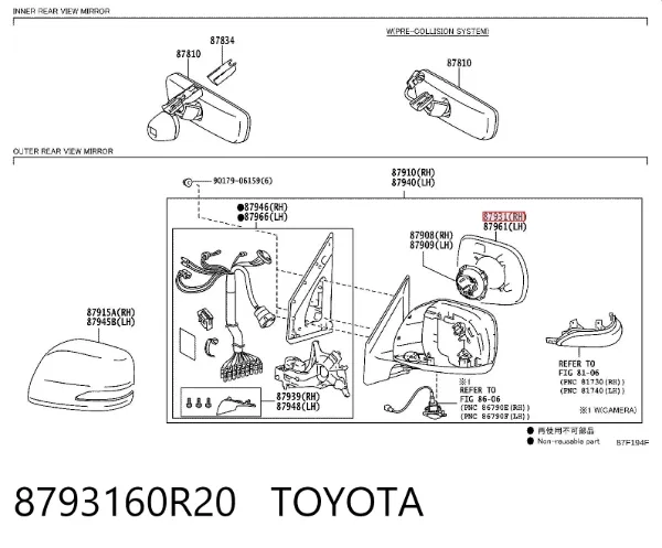 Wkład lusterka wstecznego prawego 8793160R20 Toyota