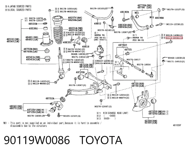 Śruba mocowania wahacza przedniego, dolnego 90119W0086 Toyota
