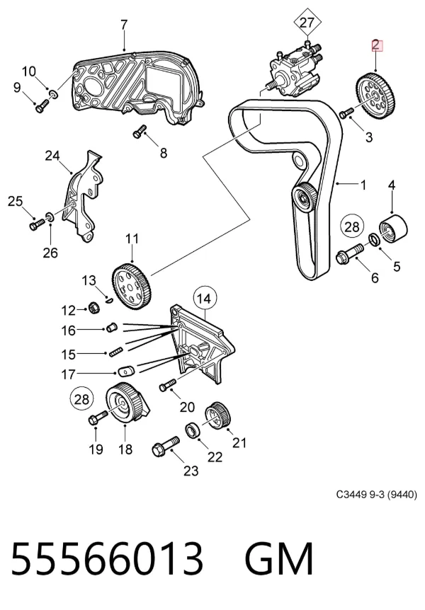 Koło zębatewalcowe wałka rozrządu silnika 55566013 General Motors