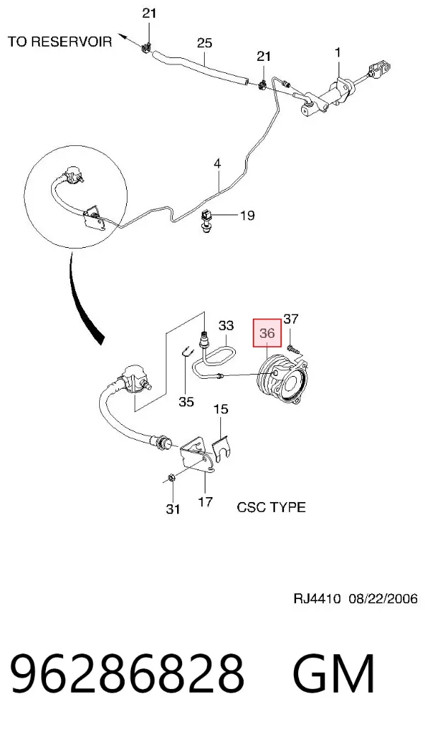 Cylinder roboczy sprzęgła (wysprzęglik) w komplecie z łożyskiem wyciskowym 96286828 General Motors