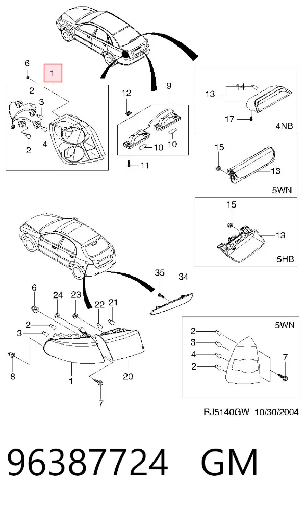 Lampa zespolona tylna lewa zewnętrzna 96387724 General Motors