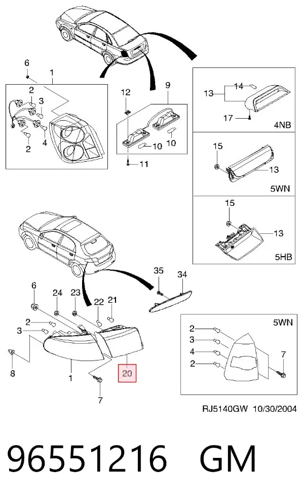 Lampa zespolona tylna lewa wewnętrzna 96551216 General Motors
