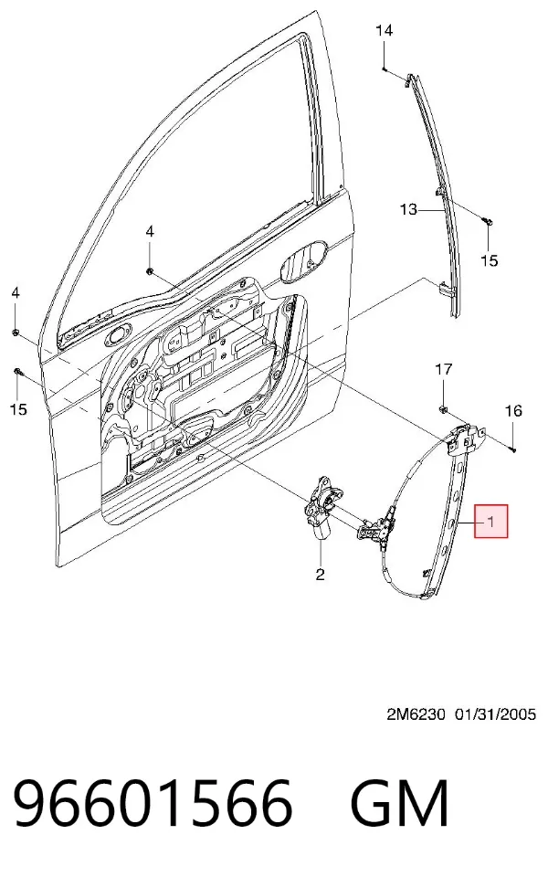 Mechanizm podnoszenia szyby drzwi przednich prawych 96601566 General Motors