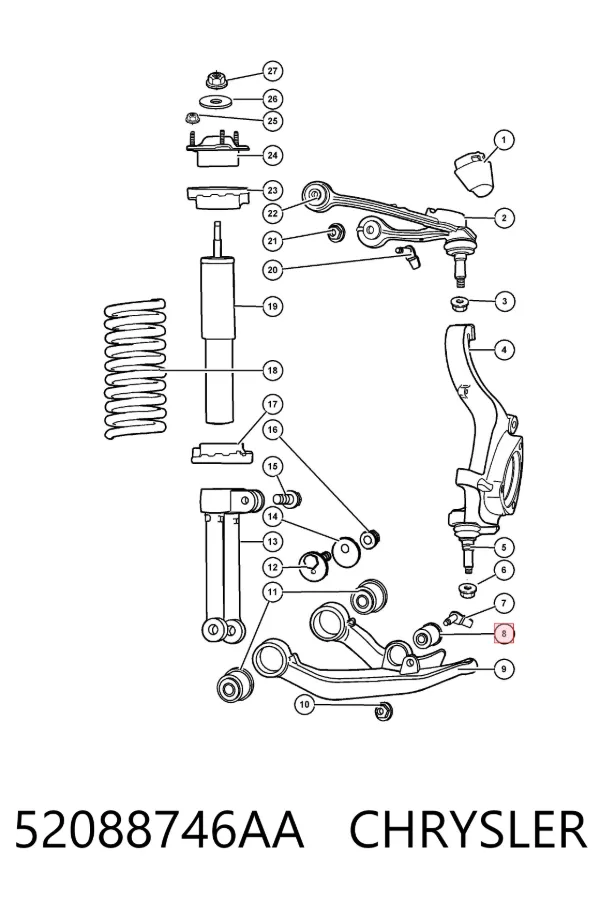 Silentblock przedniego wahacza dolnego 52088746AA Chrysler