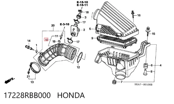 Króciec powietrza, wylot filtra powietrznego 17228RBB000 Honda
