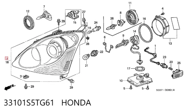 Reflektor prawy 33101S5TG61 Honda