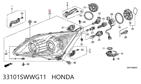 Reflektor prawy 33101SWWG11 Honda