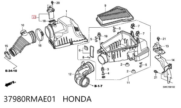 Czujnik przepływu powietrza, przepływomierz powietrza M.A.F. 37980RMAE01 Honda
