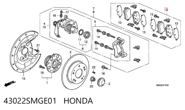 Okładziny (klocki) do hamulców tarczowych tylne 43022SMGE01 Honda