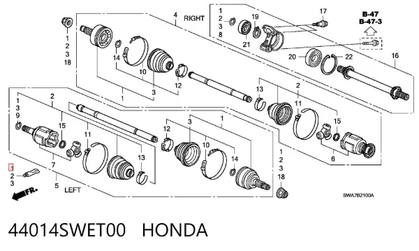 Przegub homokinetyczny przedni zewnętrzny 44014SWET00 Honda