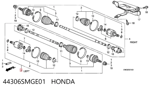 Półoś napędowa przednia lewa 44306SMGE01 Honda