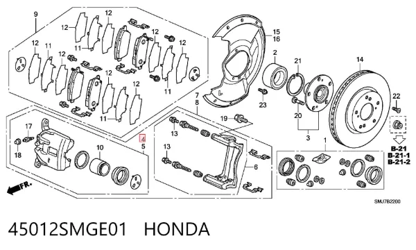 Zacisk hamulcowy przedni prawy 45012SMGE01 Honda
