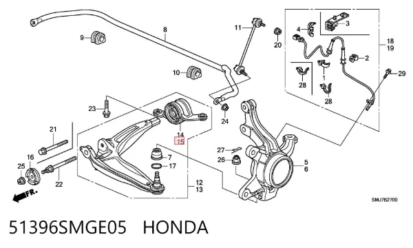 Silentblock przedniego wahacza dolnego 51396SMGE05 Honda