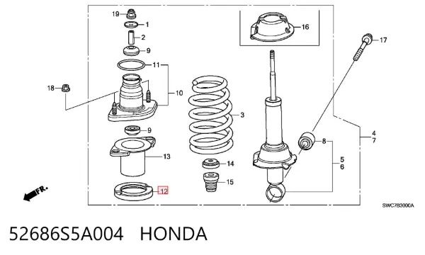 Pierścień gumowy sprężyny tylnej górny 52686S5A004 Honda