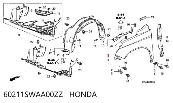 Błotnik przedni prawy 60211SWAA00ZZ Honda