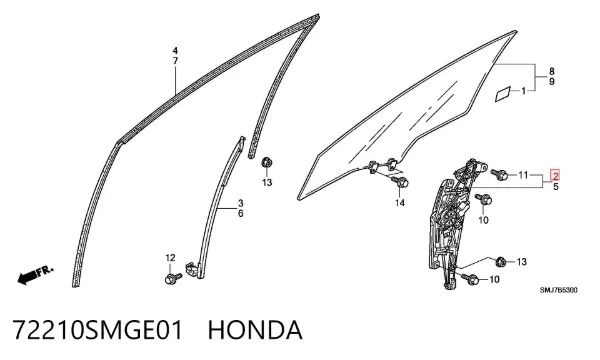 Mechanizm podnoszenia szyby drzwi przednich prawych 72210SMGE01 Honda