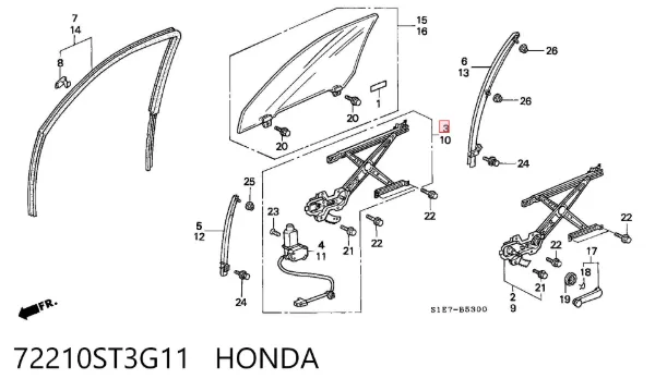 Mechanizm podnoszenia szyby drzwi przednich prawych 72210ST3G11 Honda
