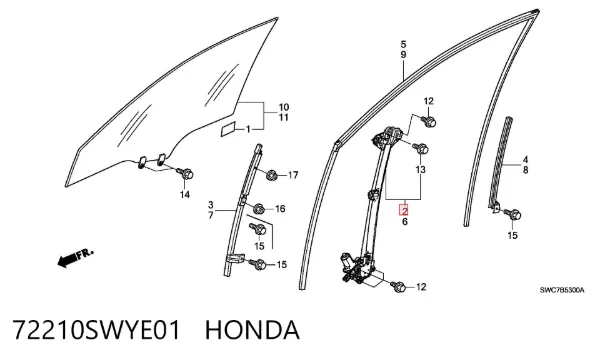 Mechanizm podnoszenia szyby drzwi przednich prawych 72210SWYE01 Honda