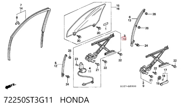 Mechanizm podnoszenia szyby drzwi przednich lewych 72250ST3G11 Honda