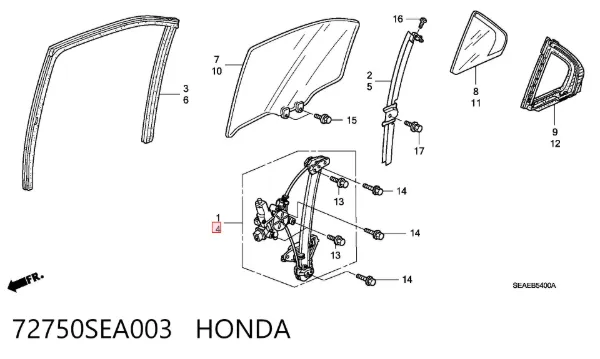 Mechanizm podnoszenia szyby drzwi tylnych lewych 72750SEA003 Honda