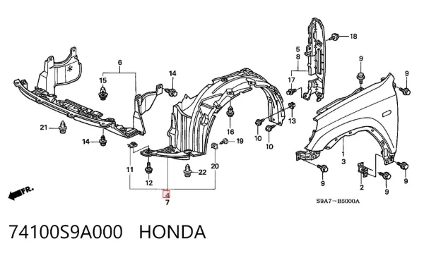 Nadkole błotnika przedniego prawe 74100S9A000 Honda